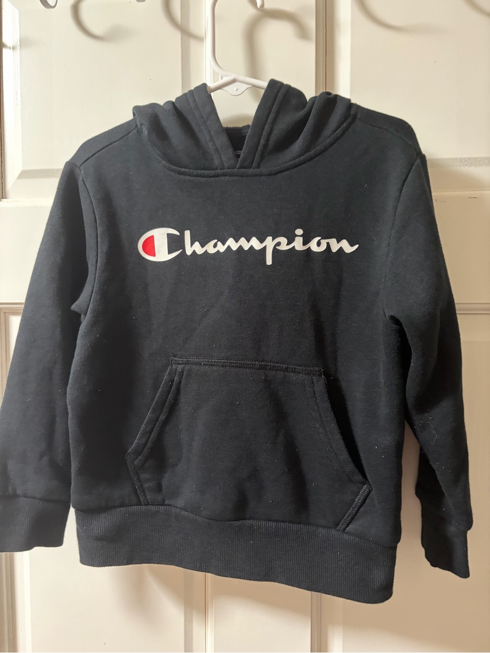 Champion Kids Black Hooded Pullover with White Logo and Red Accent